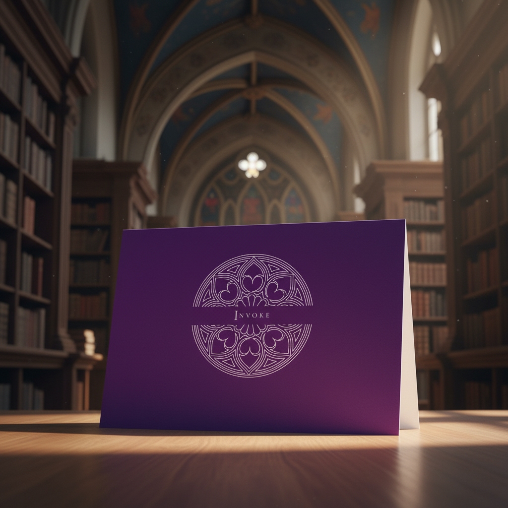 Episcopal Purple Invoke greeting card standing on an oak table in a Cathedral library.