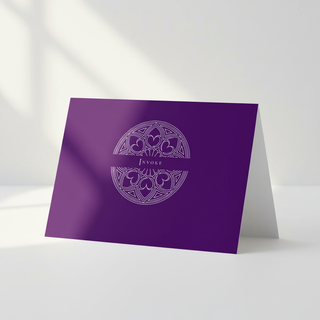 Episcopal Purple Pectore and Eden Invoke greeting card front featuring white text and Gothic window design.