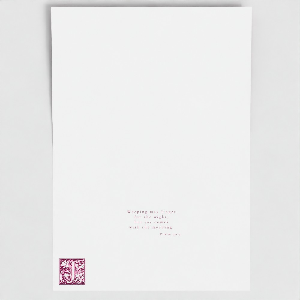 Inside of Laetare Rose Joy card showing liturgical bible verse and illuminated drop cap letter.