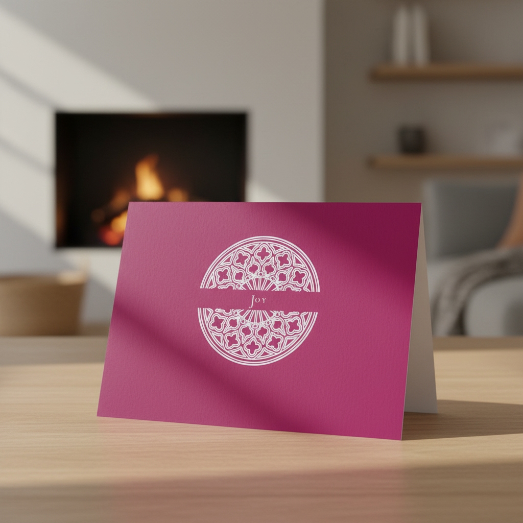 Laetare Rose Joy greeting card standing on an oak table in a living room.