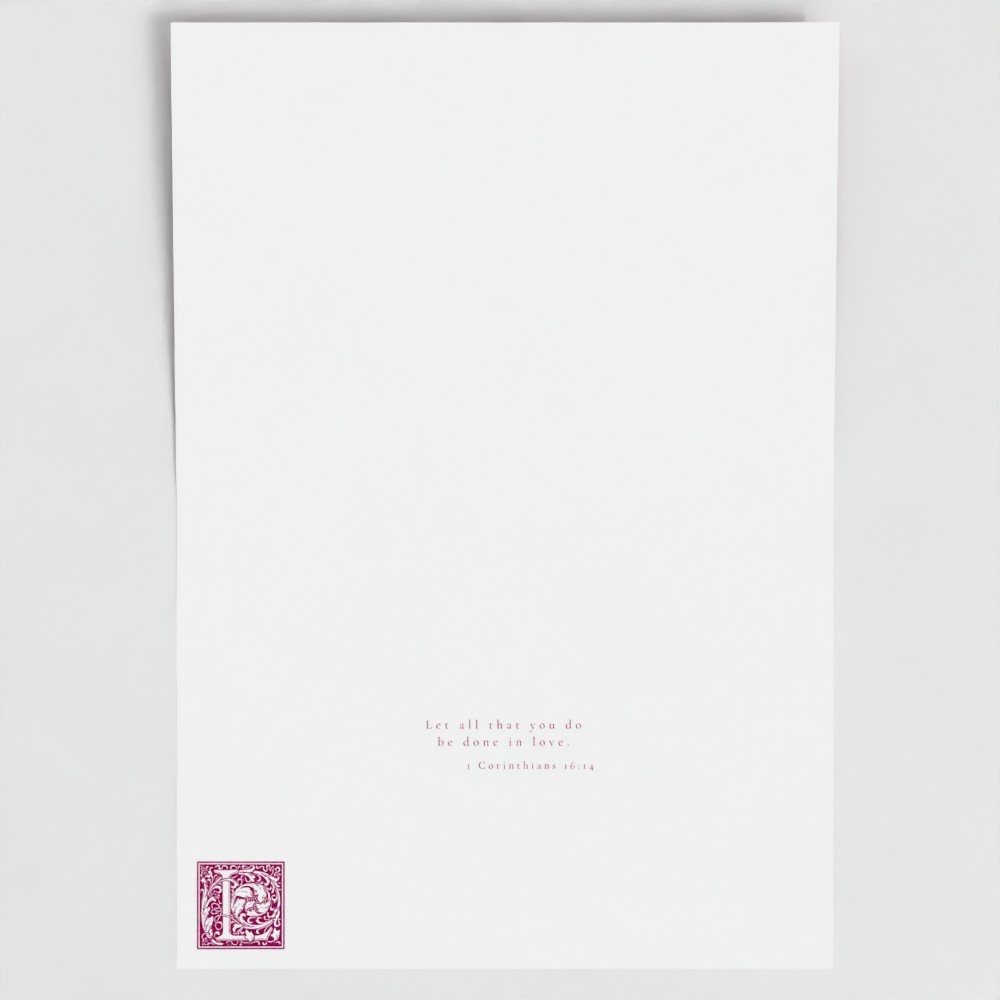 Inside of Laetare Rose Love card showing liturgical bible verse and illuminated drop cap letter.