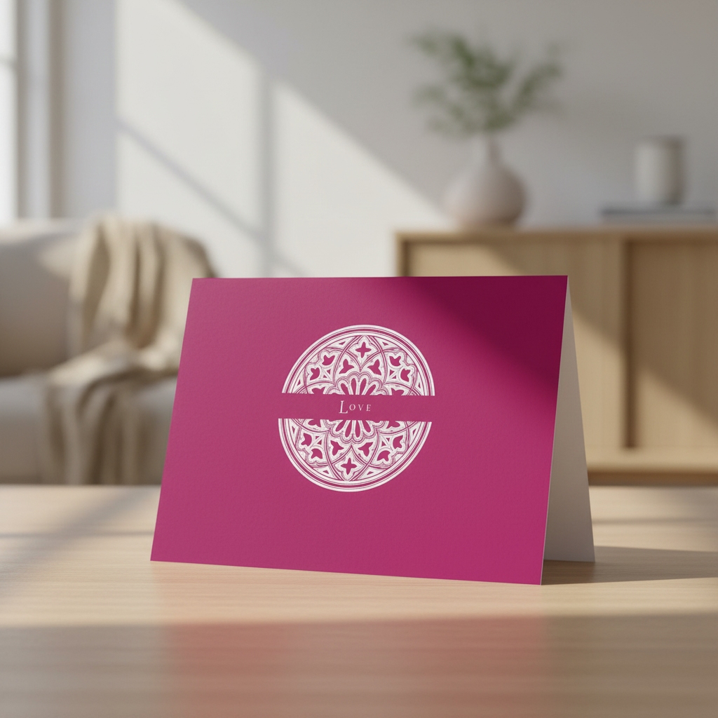 Laetare Rose Love greeting card standing on an oak table in a living room.