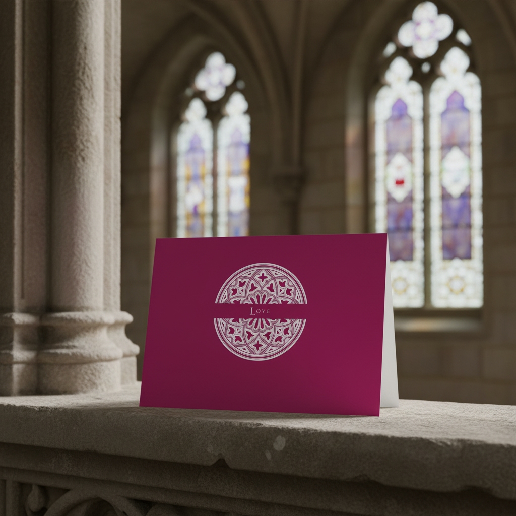 Laetare Rose Love greeting card standing on a stone ledge in a church.