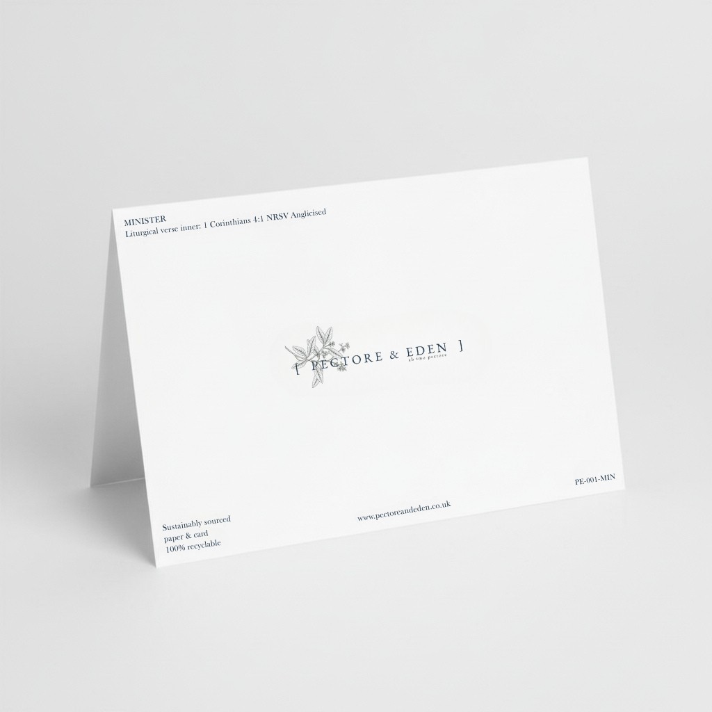 Reverse side of Pectore and Eden Minister greeting card showing logo and sustainability credentials.