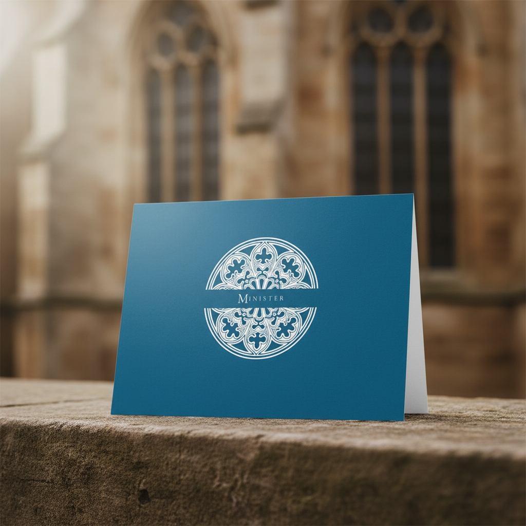 Vespers Blue Minister greeting card standing on stone ledge outside of a church building.
