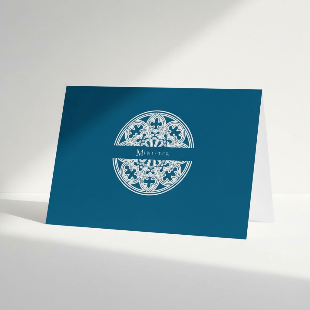 Vespers Blue Pectore and Eden Minister greeting card front featuring white text and Gothic window design.