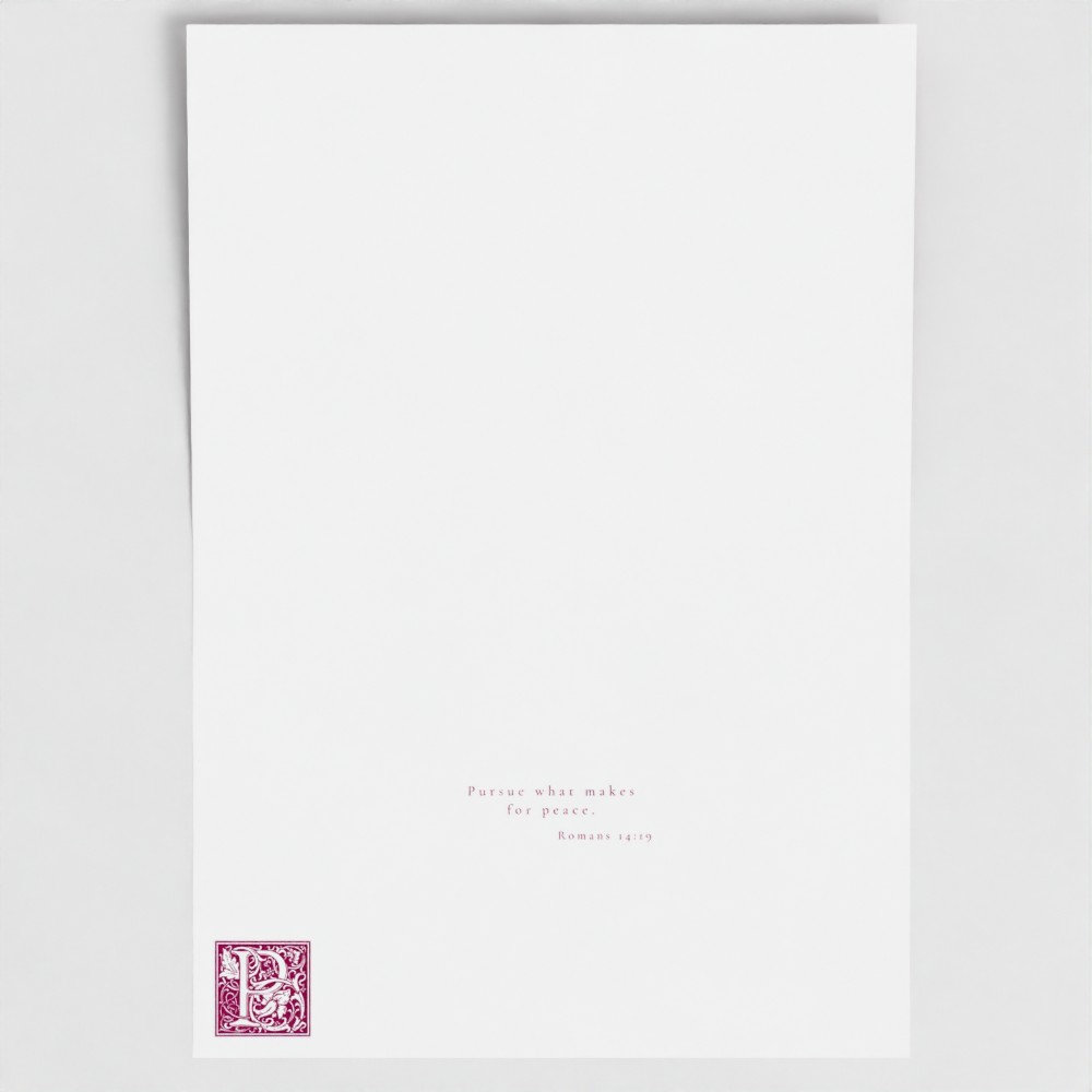 Inside of Laetare Rose Peace card showing liturgical bible verse and illuminated drop cap letter.