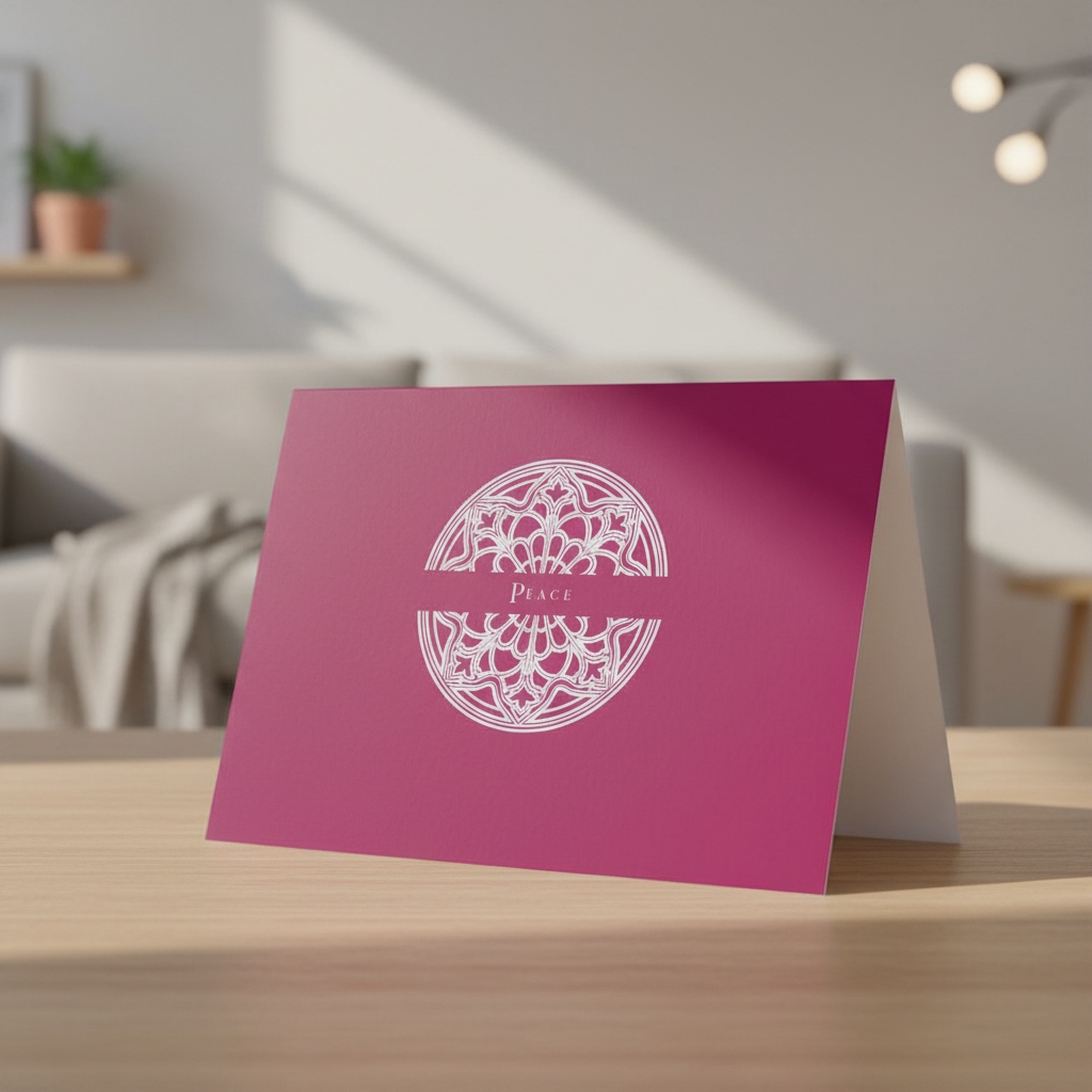 Laetare Rose Peace greeting card standing on an oak table in a living room.