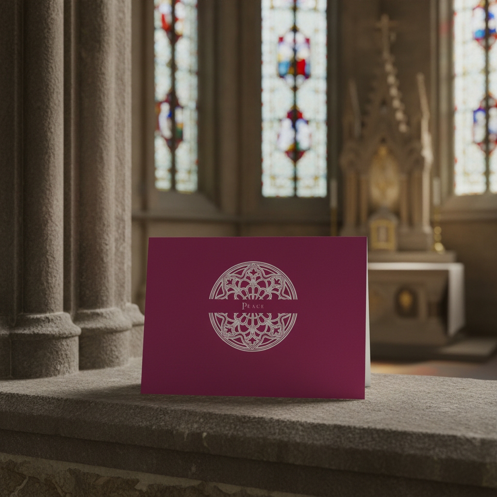 Laetare Rose Peace greeting card standing on stone ledge in a church.