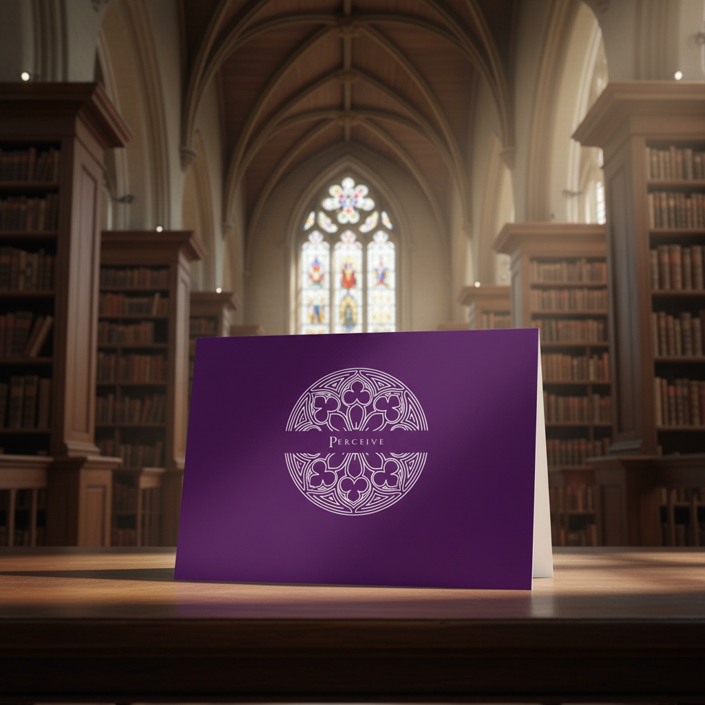 Episcopal Purple Perceive greeting card standing on an oak table in a Cathedral library.