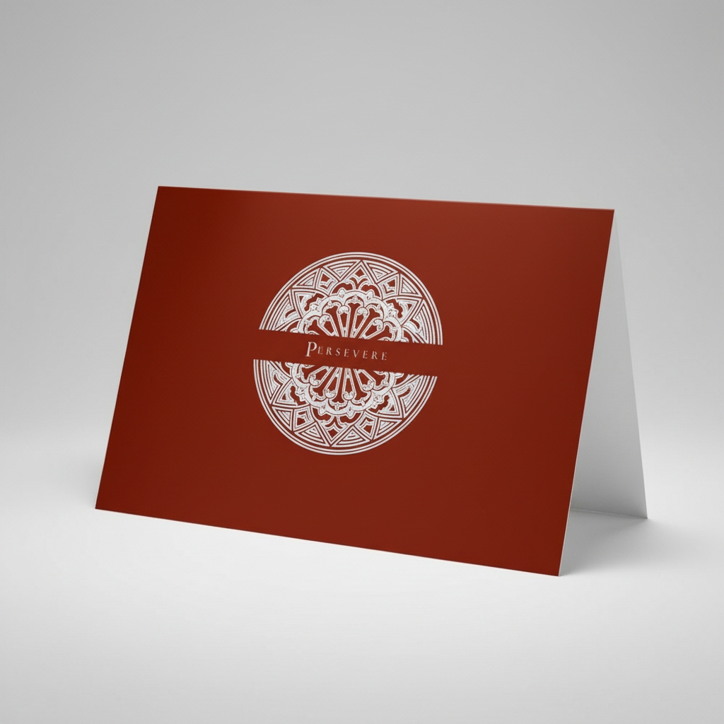 Cardinal Red Pectore and Eden Persevere greeting card front featuring white text and Gothic window design.