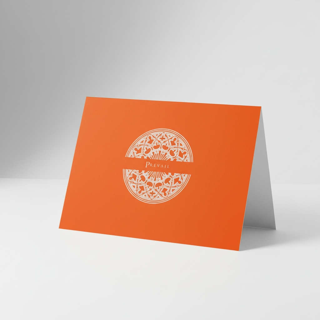 Sanctuary Ember Pectore and Eden Prevail greeting card front featuring white text and gold Gothic window design.