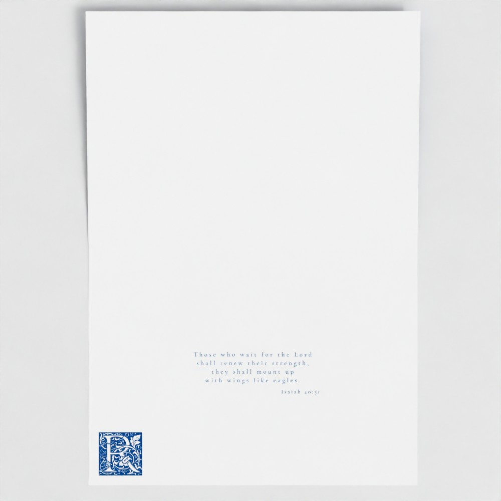 Inside of Cathedral Cobalt Resolute card showing liturgical bible verse and illuminated drop cap letter.