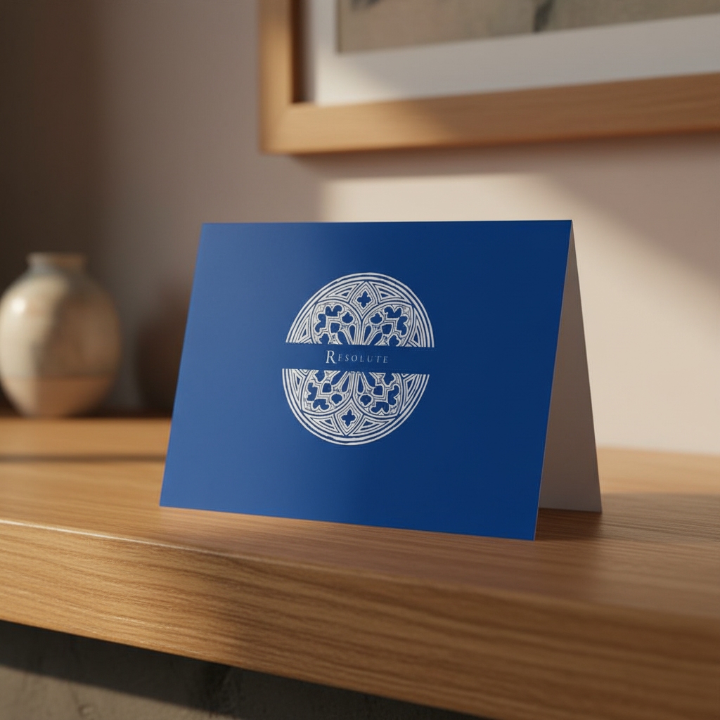 Cathedral Cobalt Resolute greeting card standing on an oak mantle in a living room.