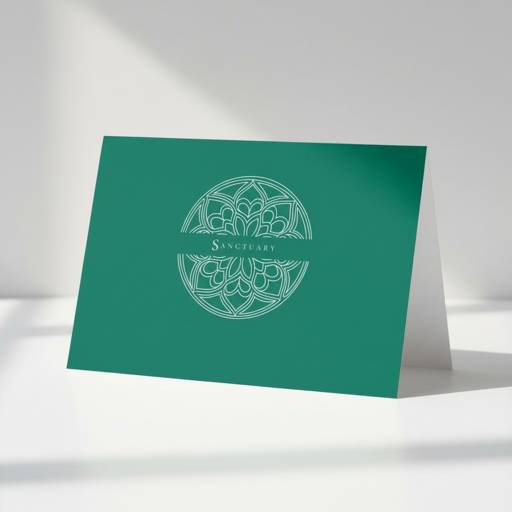 Chancel Green Pectore and Eden Sanctuary greeting card front featuring white text and Gothic window design.