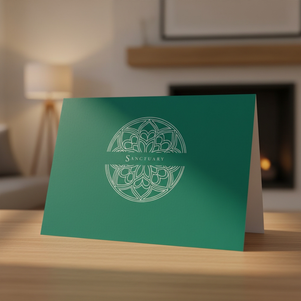 Chancel Green Sanctuary greeting card standing on an oak table in a living room.