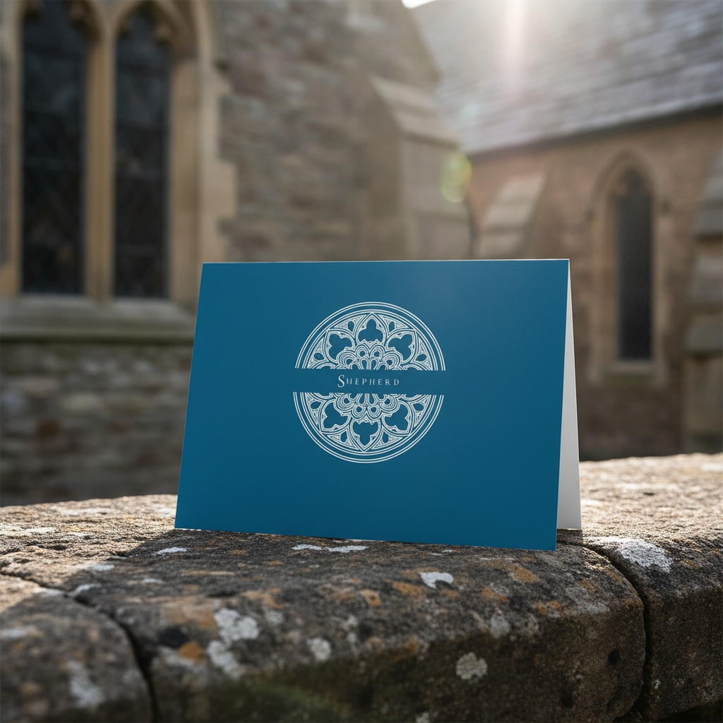 Vespers Blue Shepherd greeting card standing on stone wall outside a church.