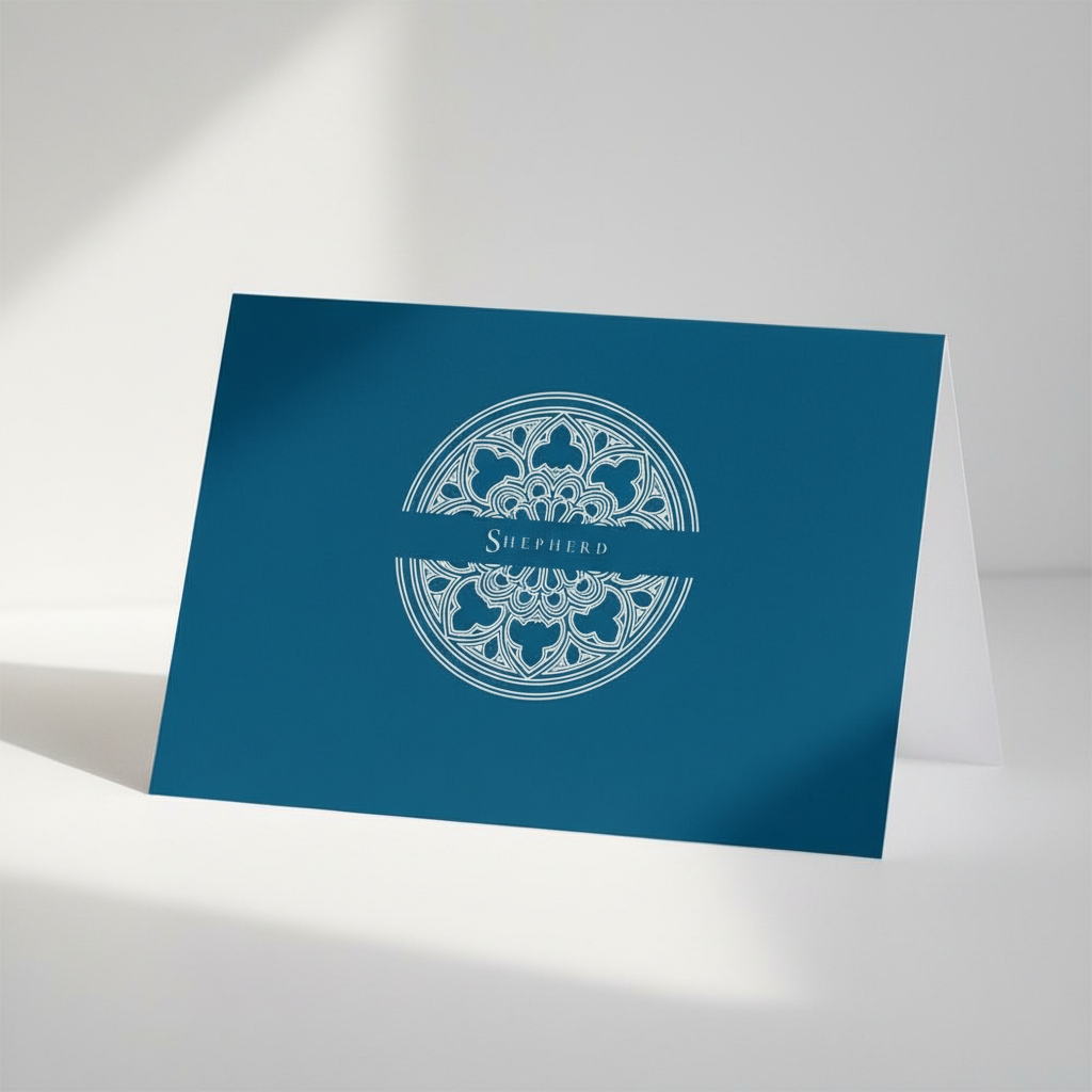 Vespers Blue Pectore and Eden Shepherd greeting card front featuring white text and Gothic window design.