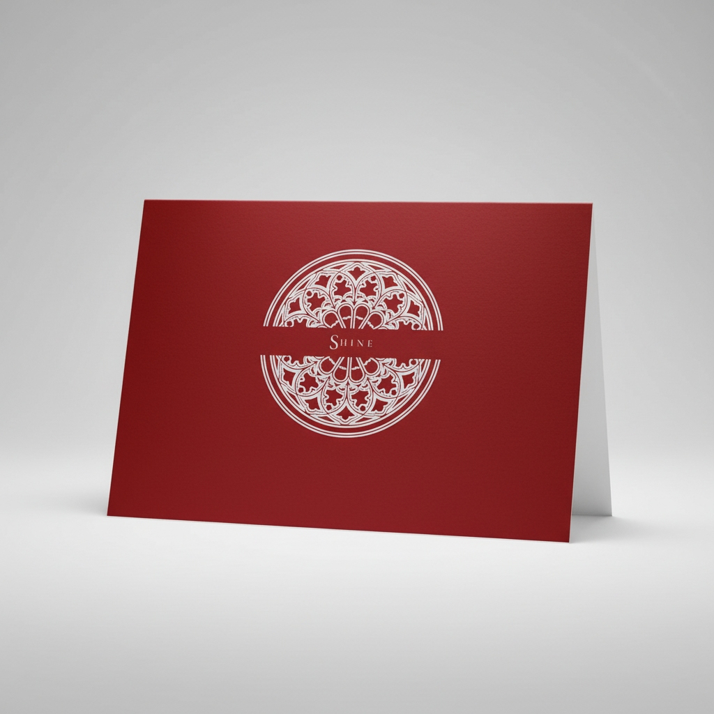 Cardinal Red Pectore and Eden Shine greeting card front featuring white text and Gothic window design.