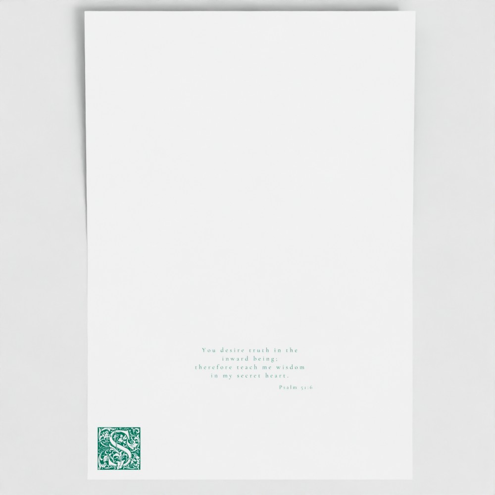 Inside of Chancel Green Sincerity card showing liturgical bible verse and illuminated drop cap letter.