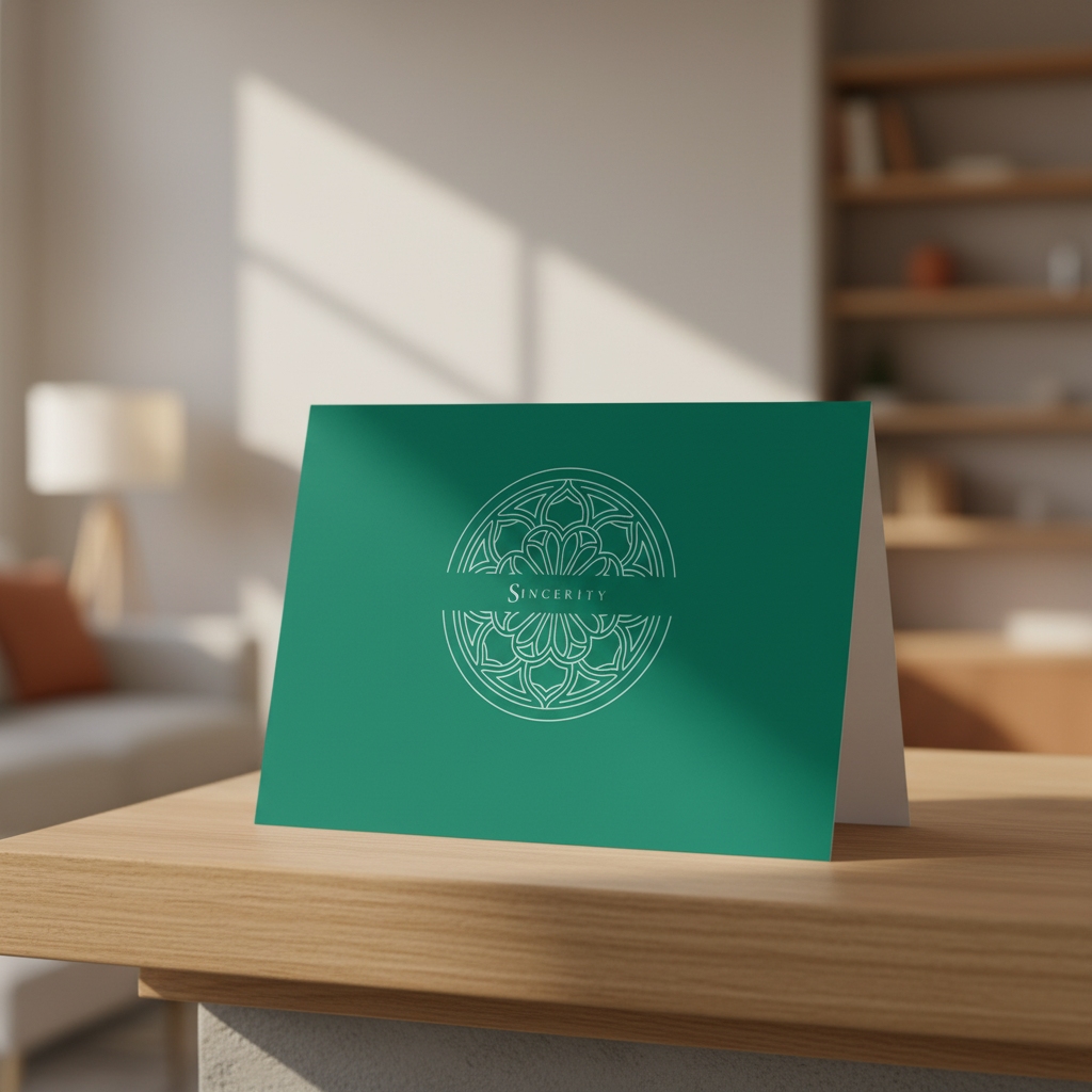 Chancel Green Sincerity greeting card standing on an oak table in a living room.