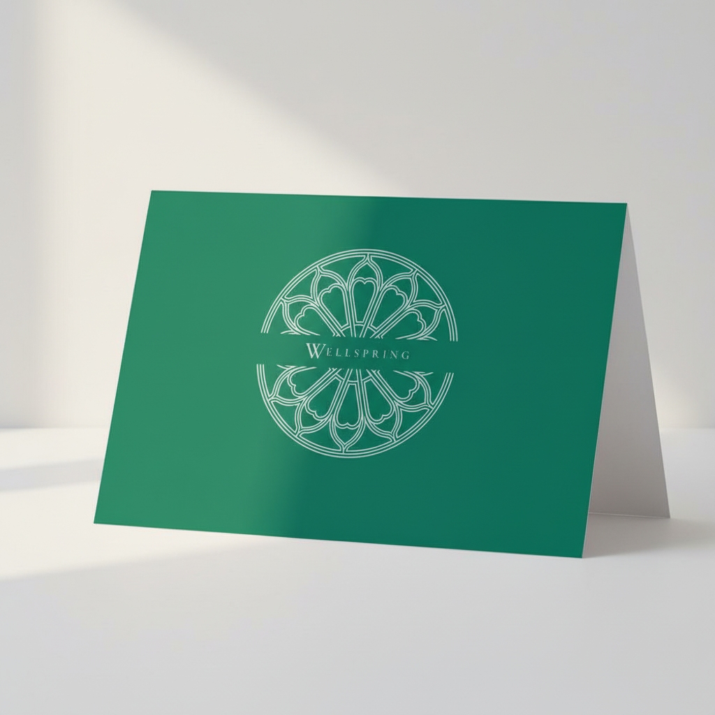 Chancel Green Pectore and Eden Wellspring greeting card front featuring white text and Gothic window design.