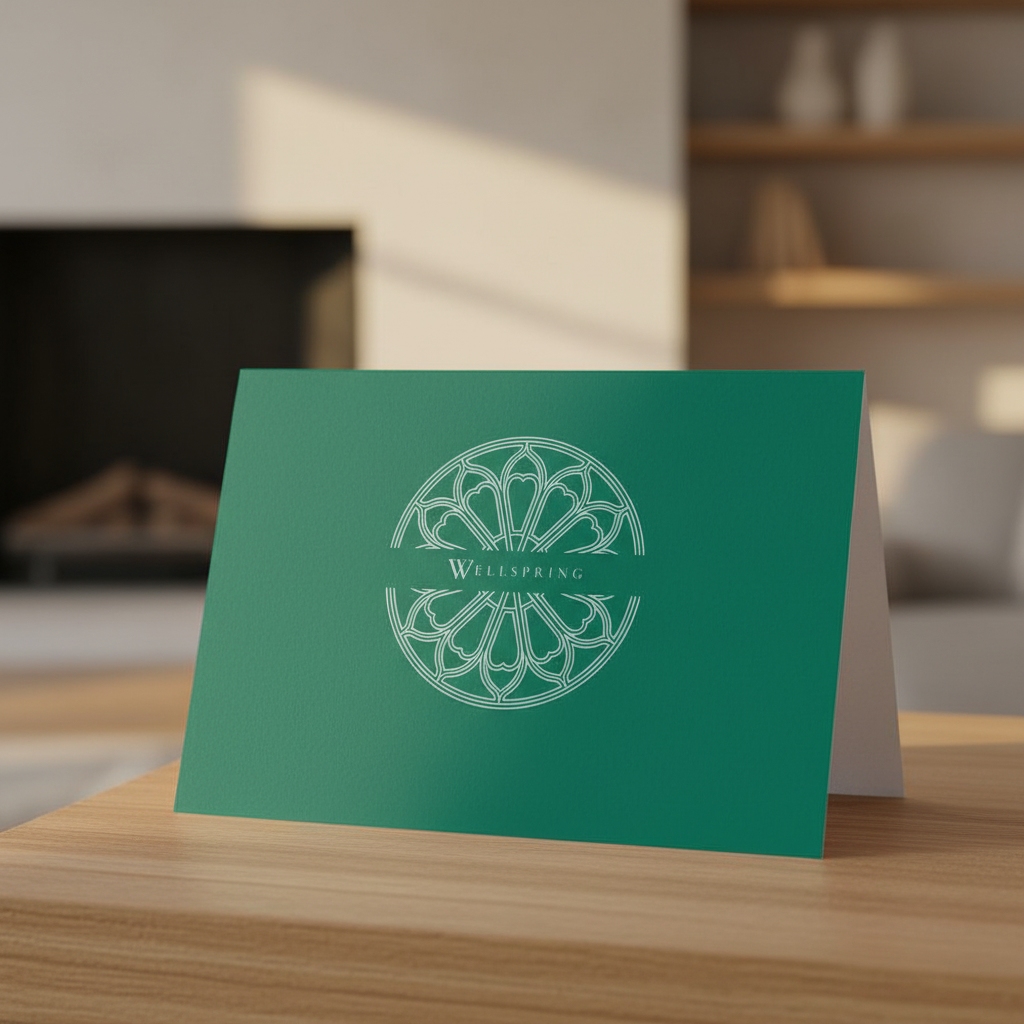 Chancel Green Wellspring greeting card standing on an oak table in a living room.