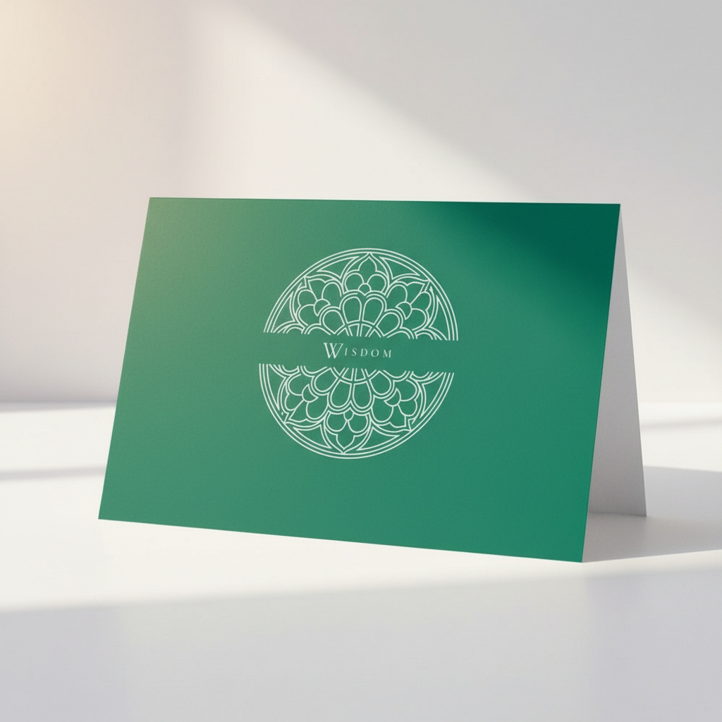 Chancel Green Pectore and Eden Wisdom greeting card front featuring white text and Gothic window design.