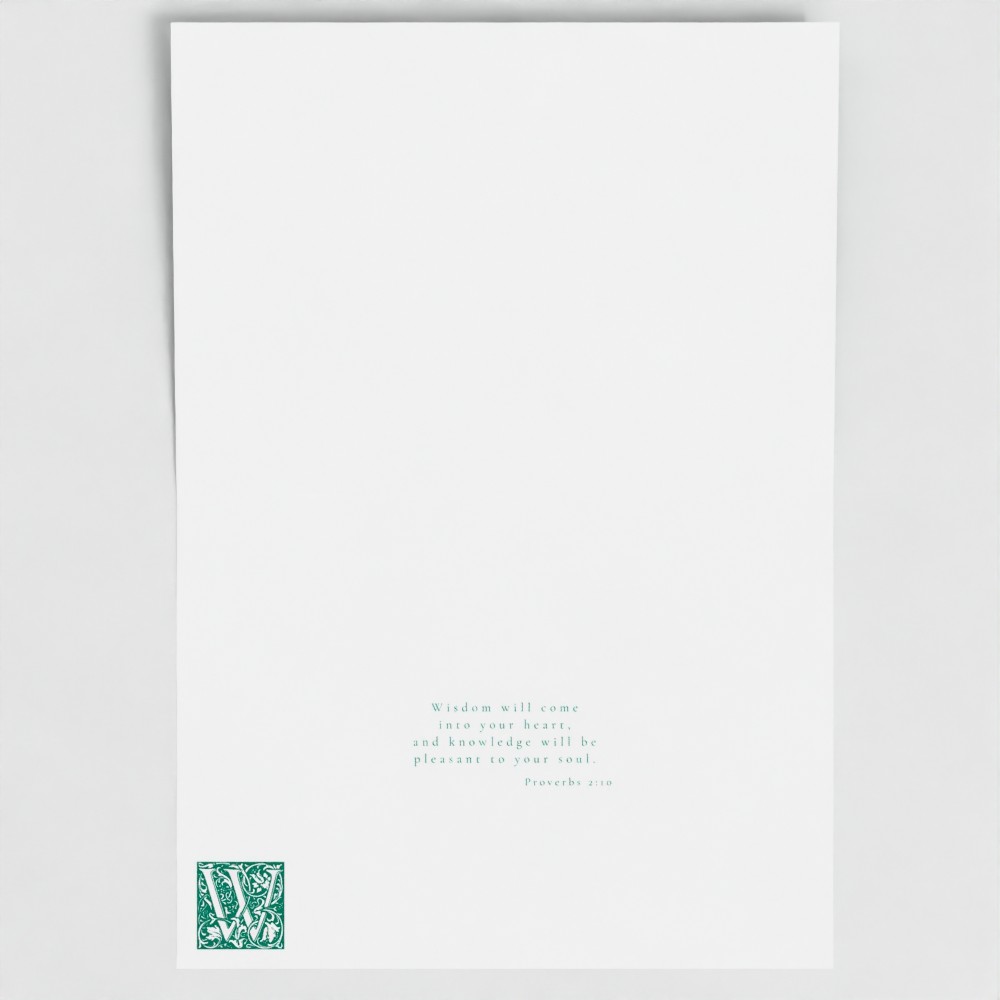 Inside of Chancel Green Wisdom card showing liturgical bible verse and illuminated drop cap letter.