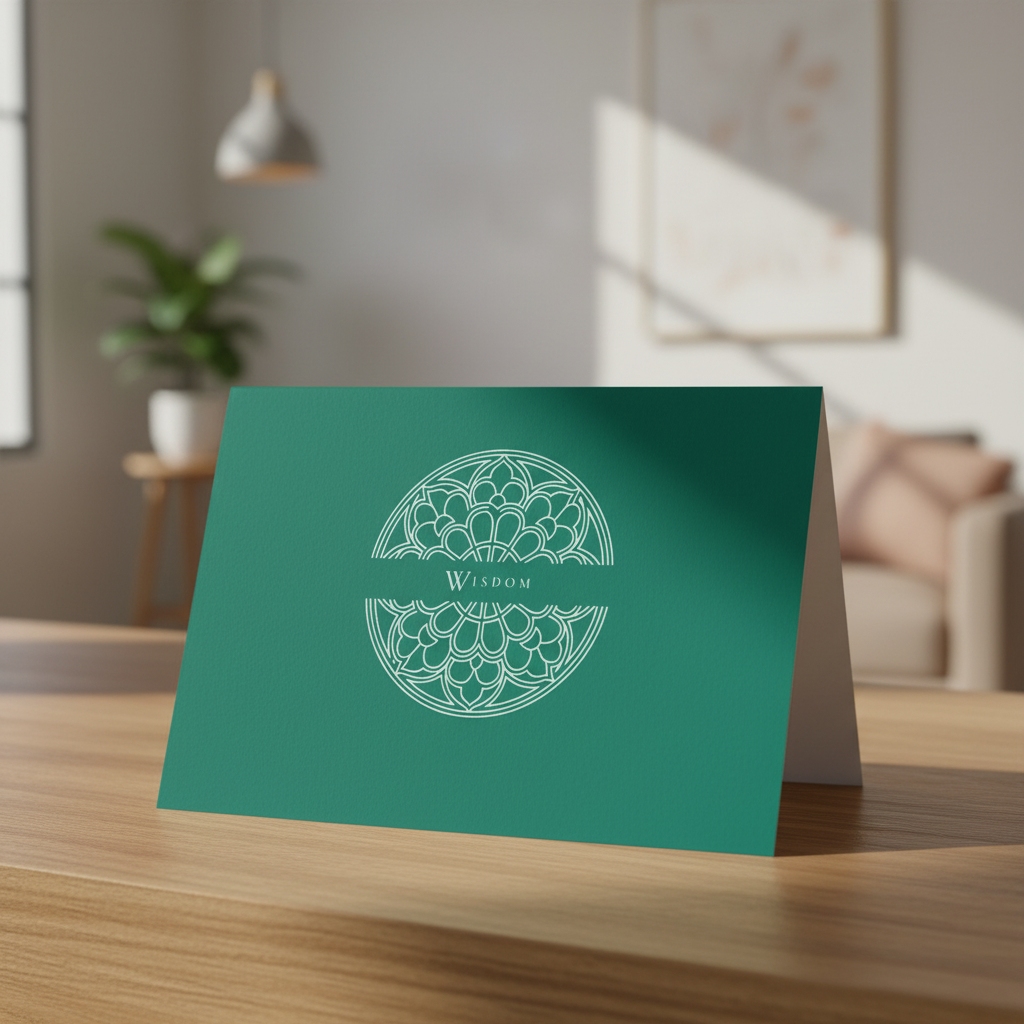 Chancel Green Wisdom greeting card standing on an oak table in a living room.