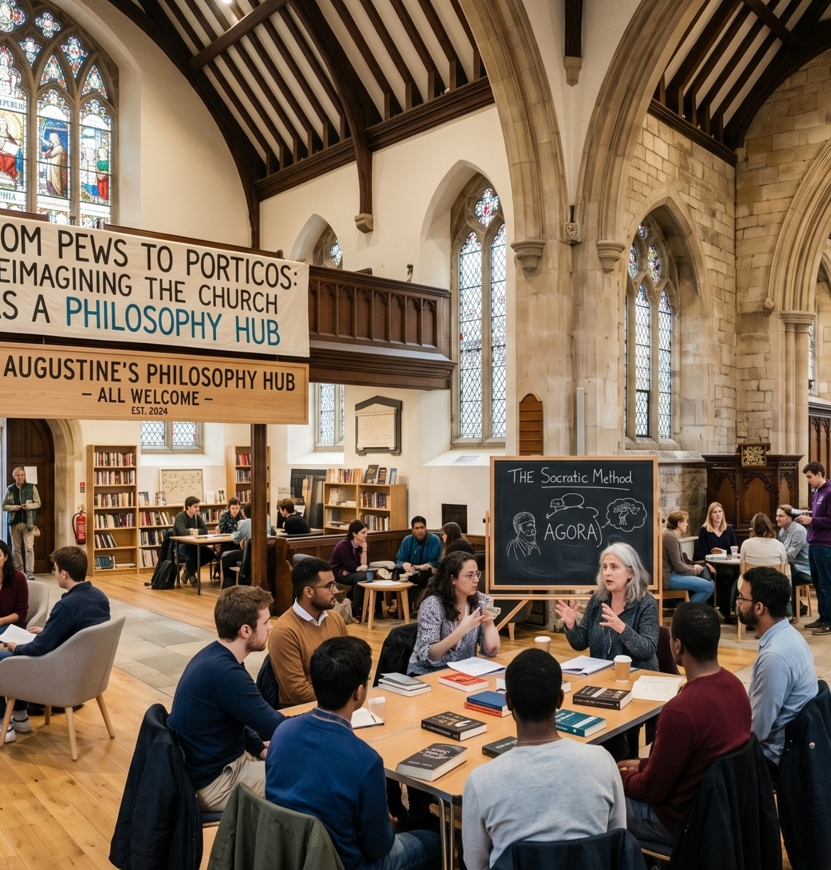 An interior photograph of a historic stone church nave that has been converted into a vibrant, multi-use community and philosophy hub.