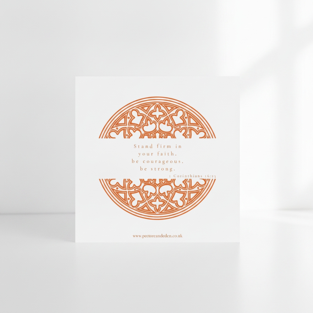 Modern minimalist typography layout on the back of the Orange art card displaying the full scripture of 1 Corinthians 16:13.