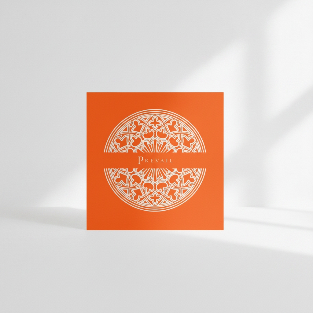 Fine-line Gothic rose window art print in Orange with the central focus word Prevail running through the middle.