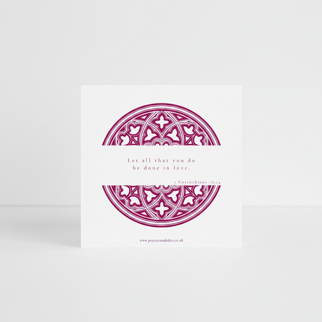 Modern minimalist typography layout on the back of the Pink art card displaying the full scripture of 1 Corinthians 16:14.