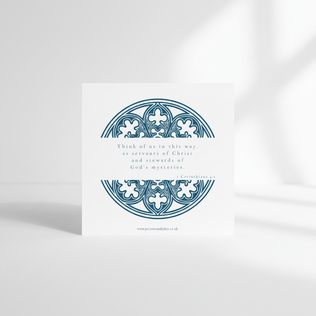Clean, minimalist reverse layout of the Vespers Blue scripture art print showing the full text of 1 Corinthians 4:1 in modern typography.