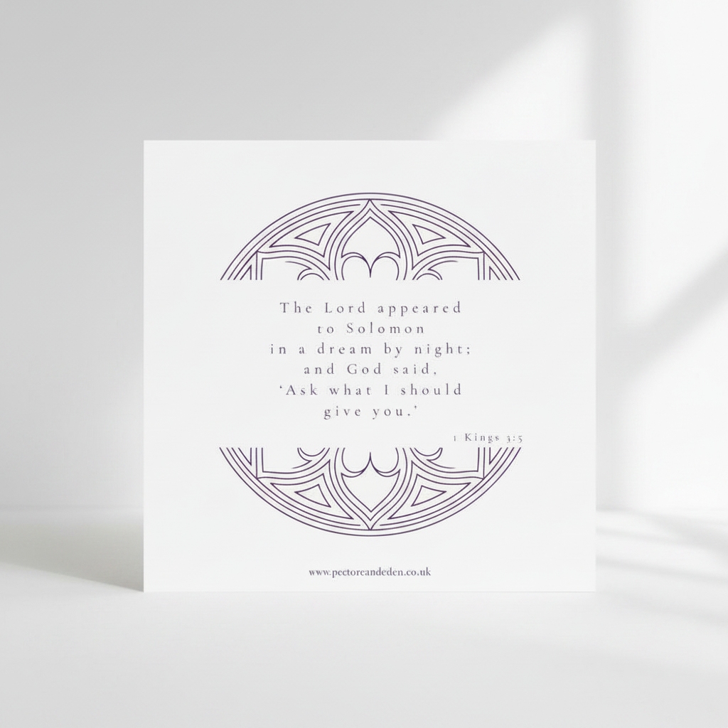 Modern minimalist typography layout on the back of the Episcopal Purple art card displaying the full scripture of 1 Kings 3:5.