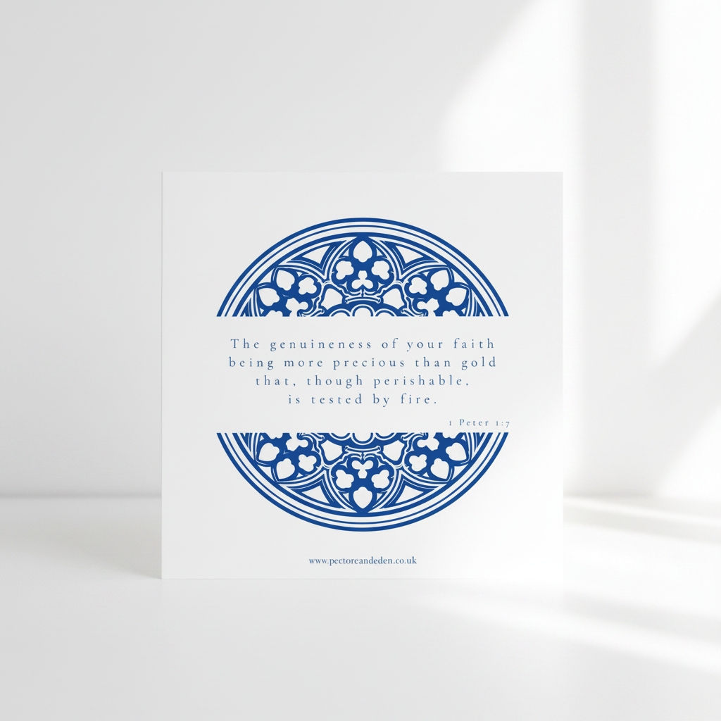 Modern minimalist typography layout on the back of the Cathedral Cobalt art card displaying the full scripture of 1 Peter 1:7.