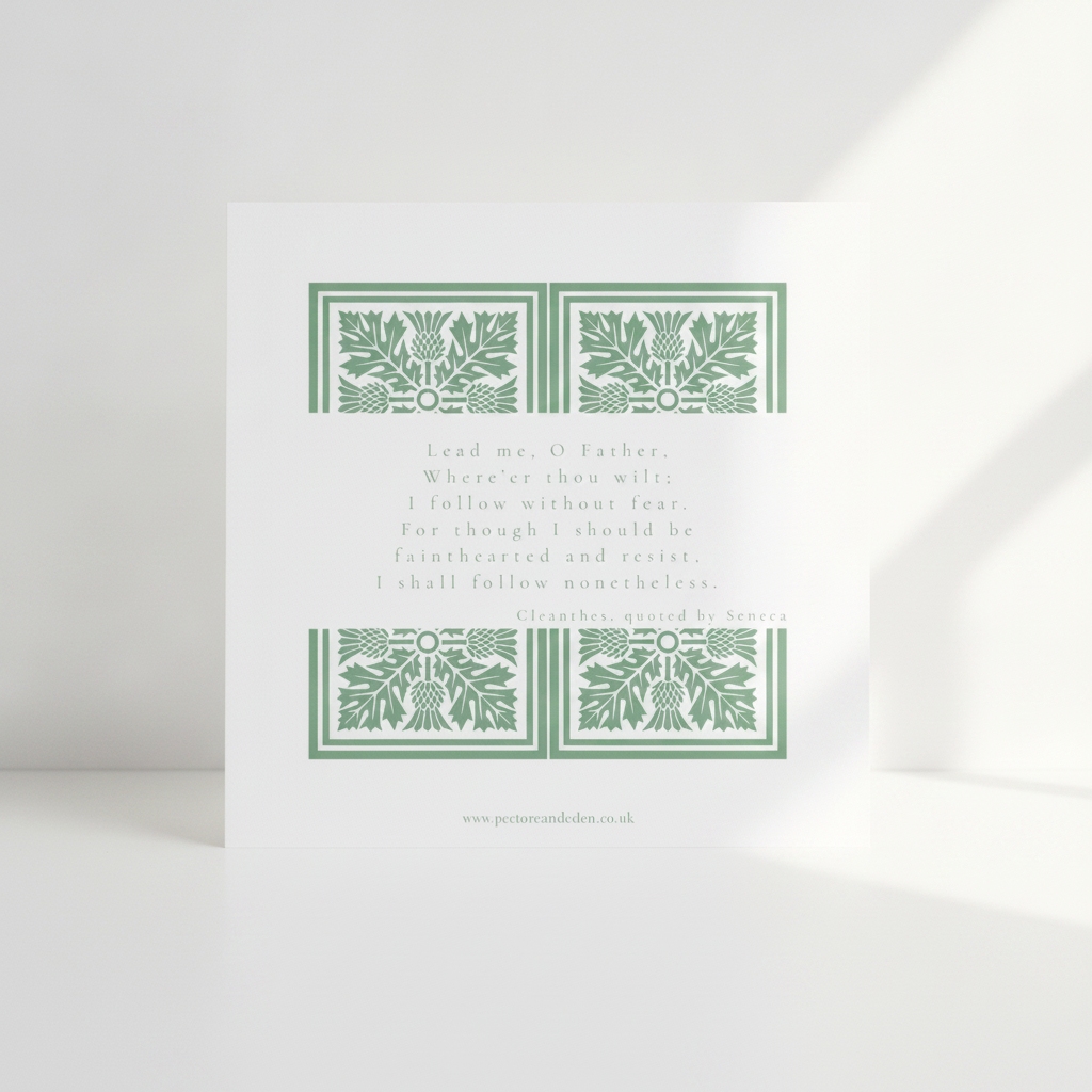 Modern minimalist typography layout on the back of the Acta non verba art card displaying the devotional prayer Lead me, O Father.