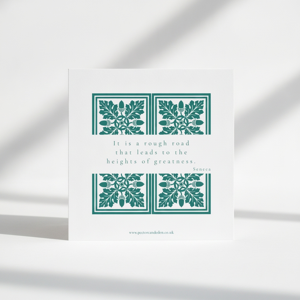 Clean, minimalist reverse layout of the Latin quote art print showing the text It is a rough road that leads to the heights of greatness.