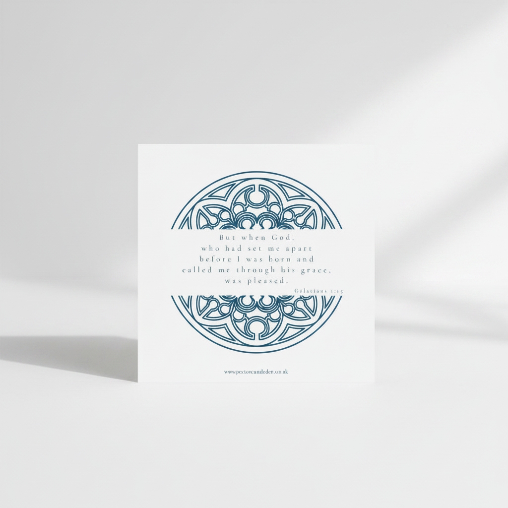 Modern minimalist typography layout on the back of the Vespers Blue art card displaying the full scripture of Galatians 1:15.