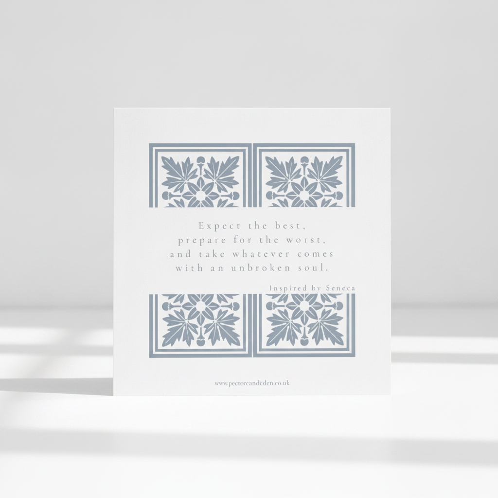 Minimalist modern typography layout on the reverse side of the Invictus Animus art card displaying the quote Expect the best, prepare for the worst.