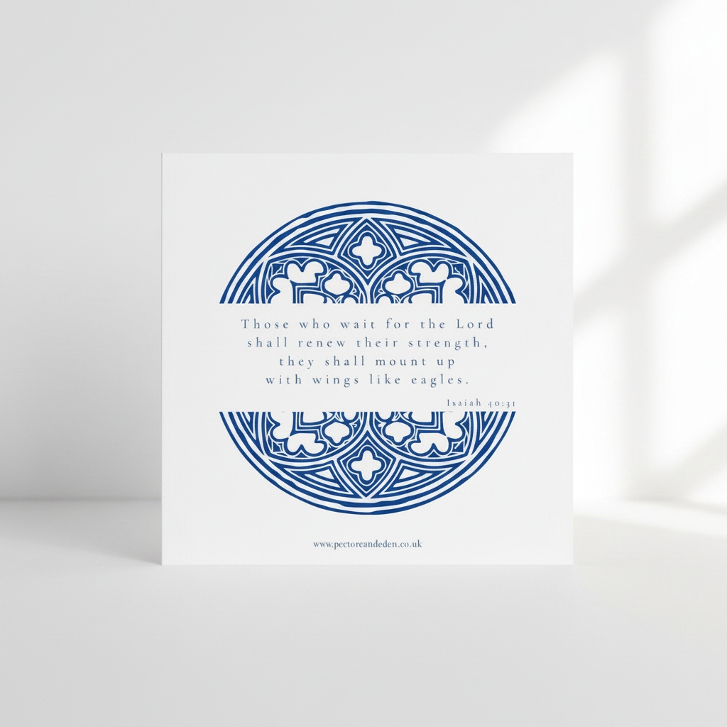 Minimalist reverse layout of the Cathedral Cobalt resolute art card showing the full text of Isaiah 40:31 in clean, modern typesetting.