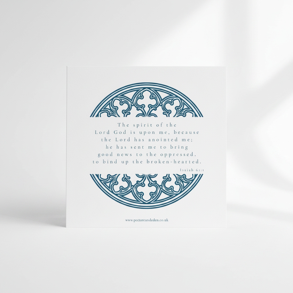 Minimalist modern typography layout on the reverse side of the Vespers Blue art card showing the full text of Isaiah 61:1.