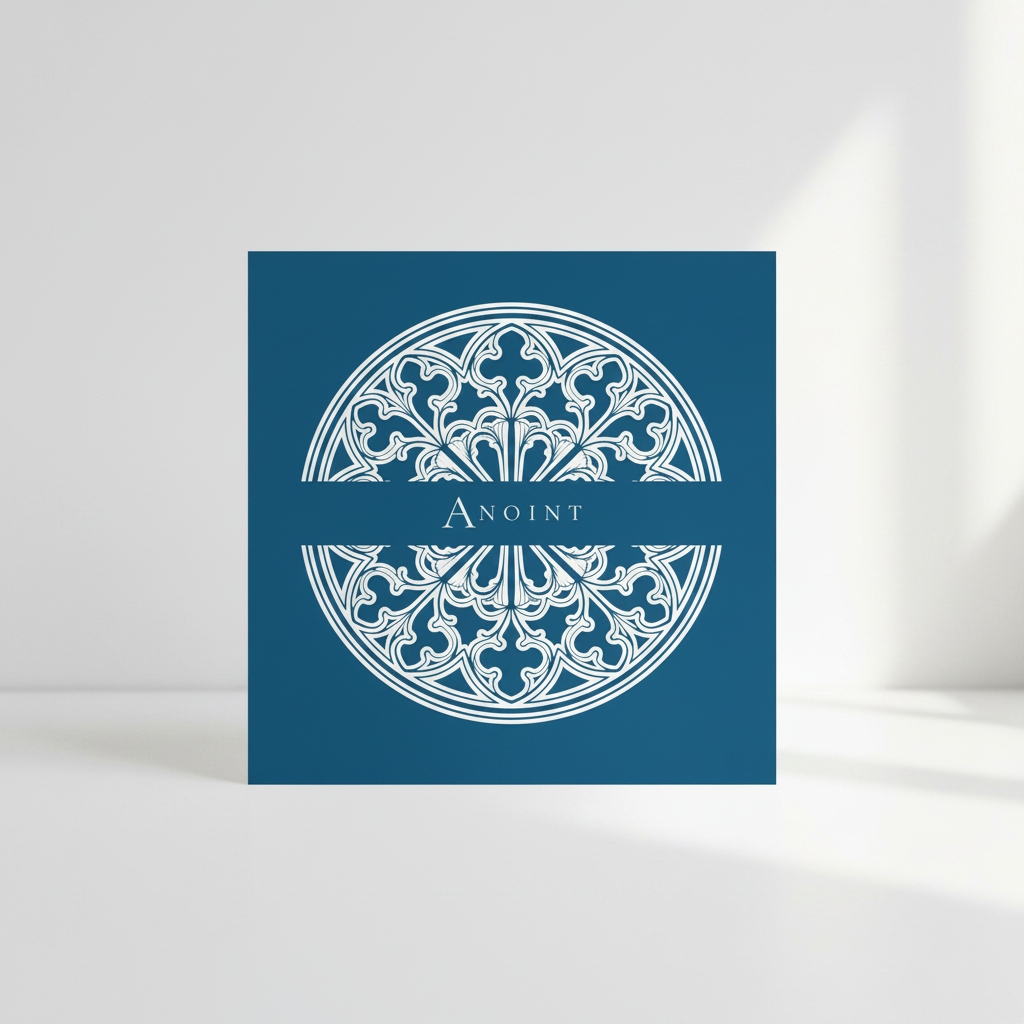 Flat square Vespers Blue art card featuring an intricate fine-line Gothic rose window medallion split by the word Anoint.