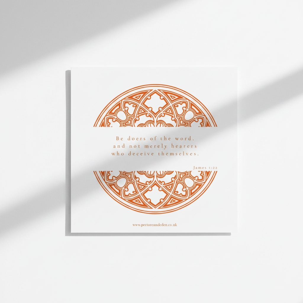 Clean, minimalist reverse layout of the Orange scripture art print showing the full text of James 1:22 in modern typography.