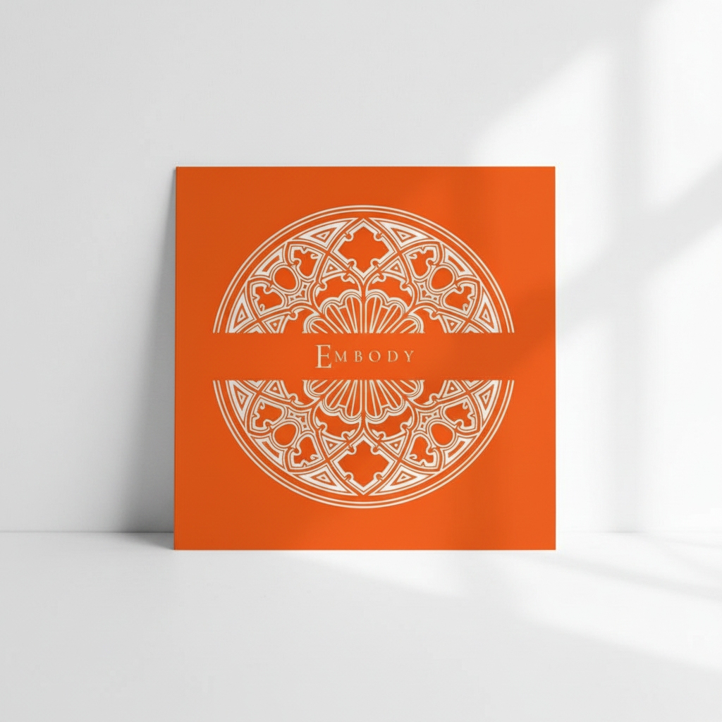 Square Orange art card displaying a detailed Gothic window centred around the focus word Embody.