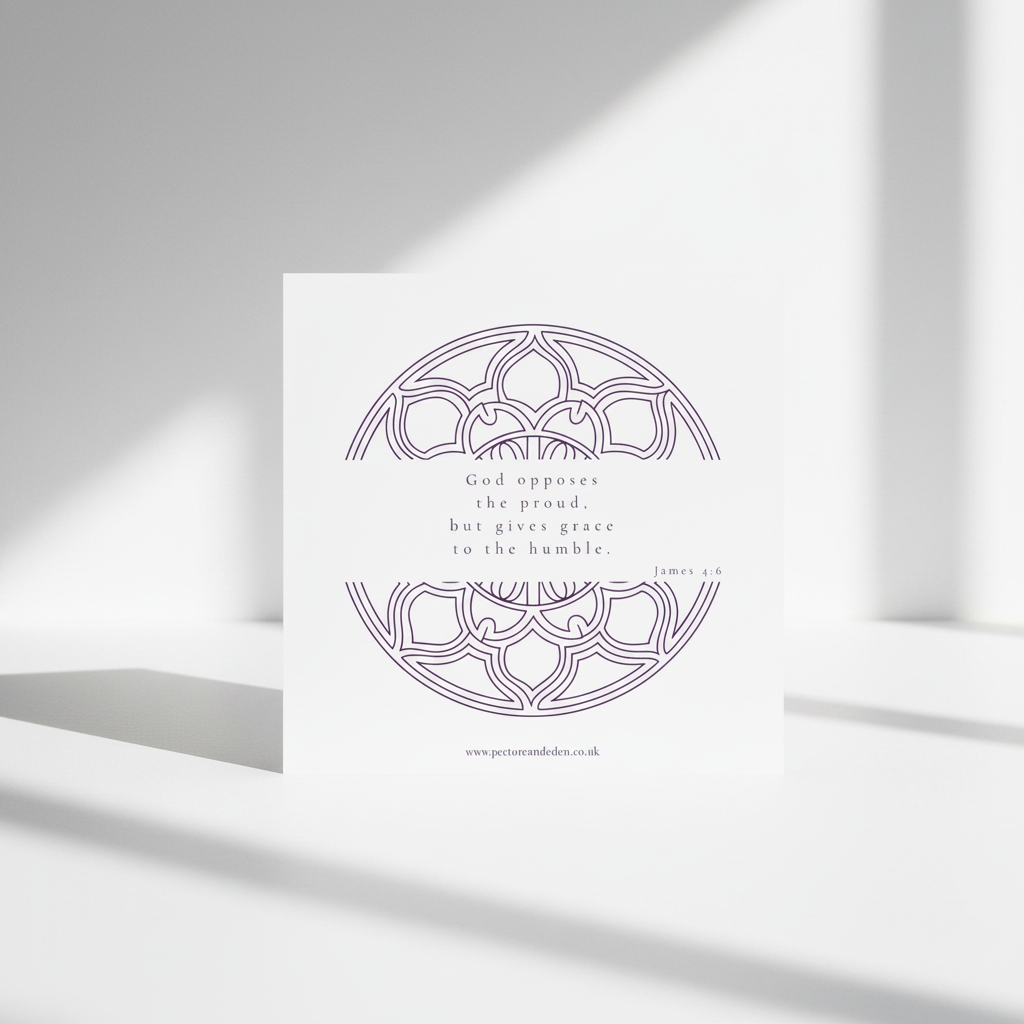 Minimalist modern typography layout on the reverse side of the Episcopal Purple art card showing the full text of James 4:6.
