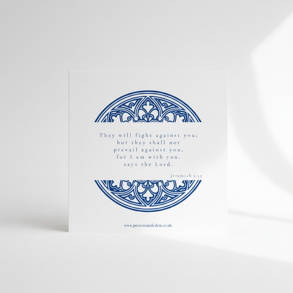 Minimalist modern typography layout on the reverse side of the Cathedral Cobalt art card showing the full text of Jeremiah 1:19.