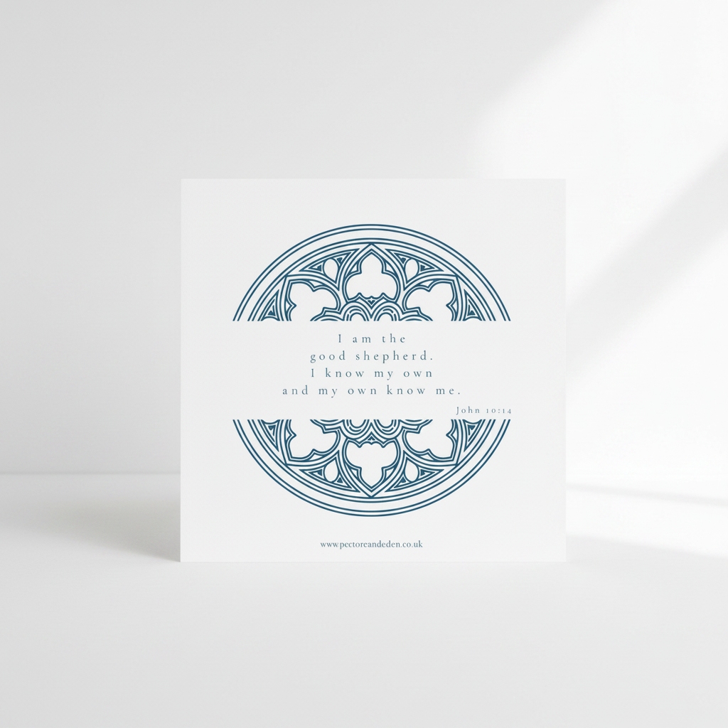Minimalist reverse layout of the Vespers Blue shepherd art card showing the full text of John 10:14 in clean, modern typesetting.