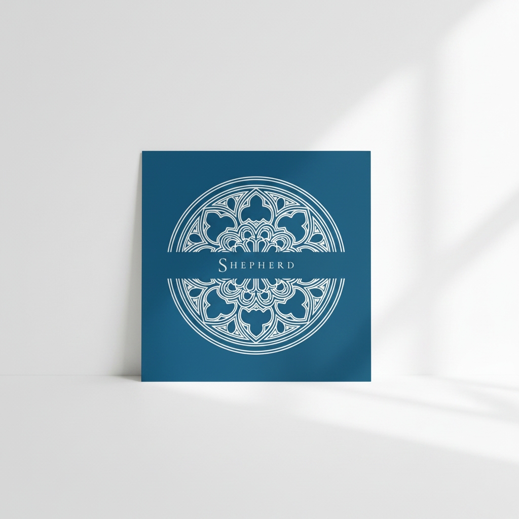 Flat square Vespers Blue architectural art card featuring an intricate Gothic cathedral window medallion split by the focus word Shepherd.